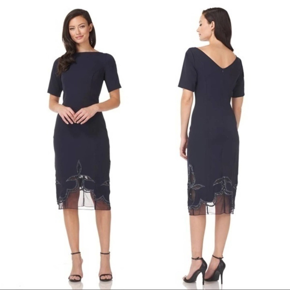 JS Collections Navy Boat Neck Beaded Cocktail Dress 6 NWT